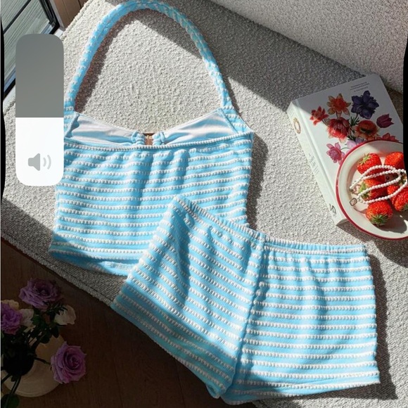 Blue and White Striped Halter Top and Shorts Set - Picture 2 of 6